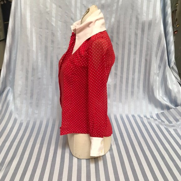 Vtg 1960s Red Blouse w/High White Collar/Polka-dots - Picture 3 of 5